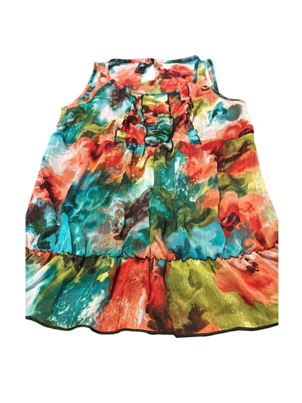 Women Multi Color Abstract Floral Ruffle Sleeveless Blouse Chiffon Top S